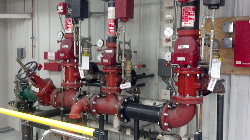 Industrial fire sprinkler riser and valve assembly in mechanical room
